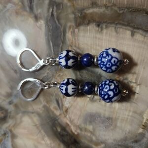 Blue and White Ceramic Bead Earrings